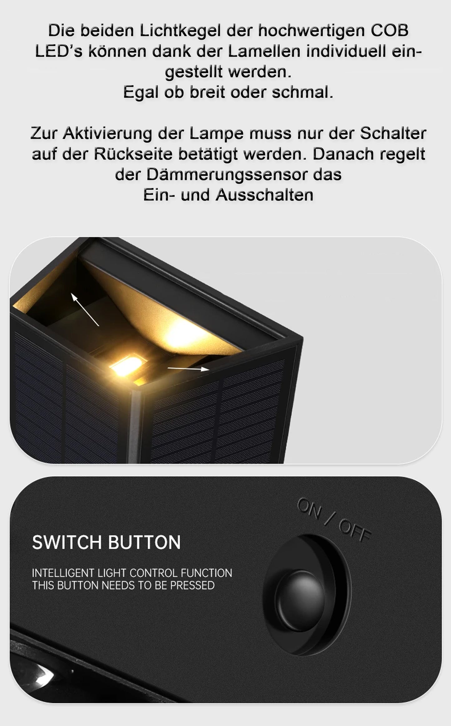 Solarleuchte modern Wandstrahler helle Wandlampe kabellos UP Down Außenleuchte 1300 mAh warmweiß Außenlampe Solarlampe